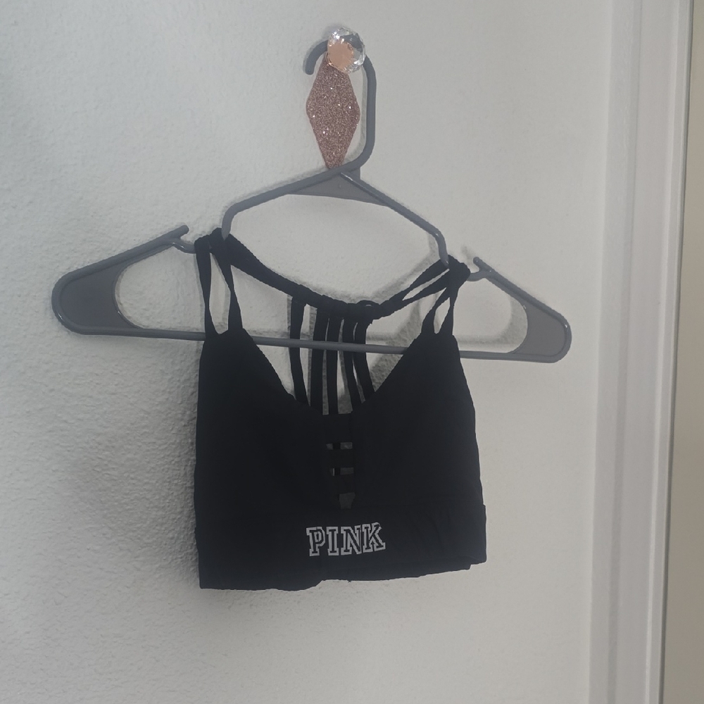 PINK Victoria Secret Black Strappy White Logo In Front Sports Bra (EUC)(XS)🖤🤍